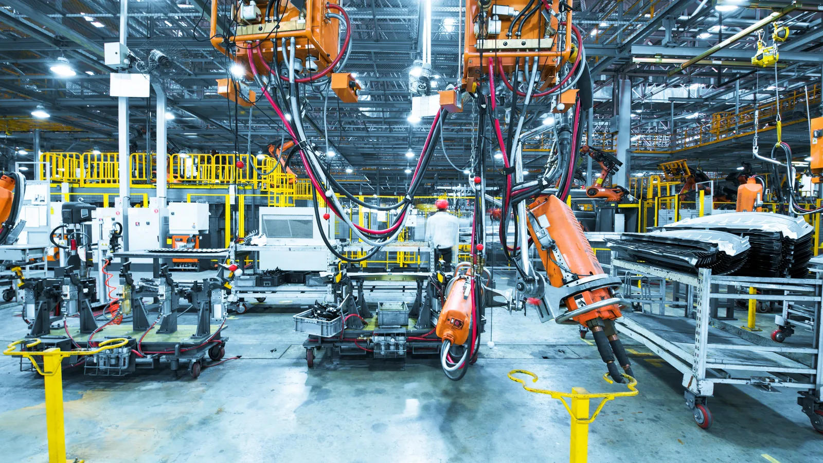 Automated production line with robotic equipment on a manufacturing floor
