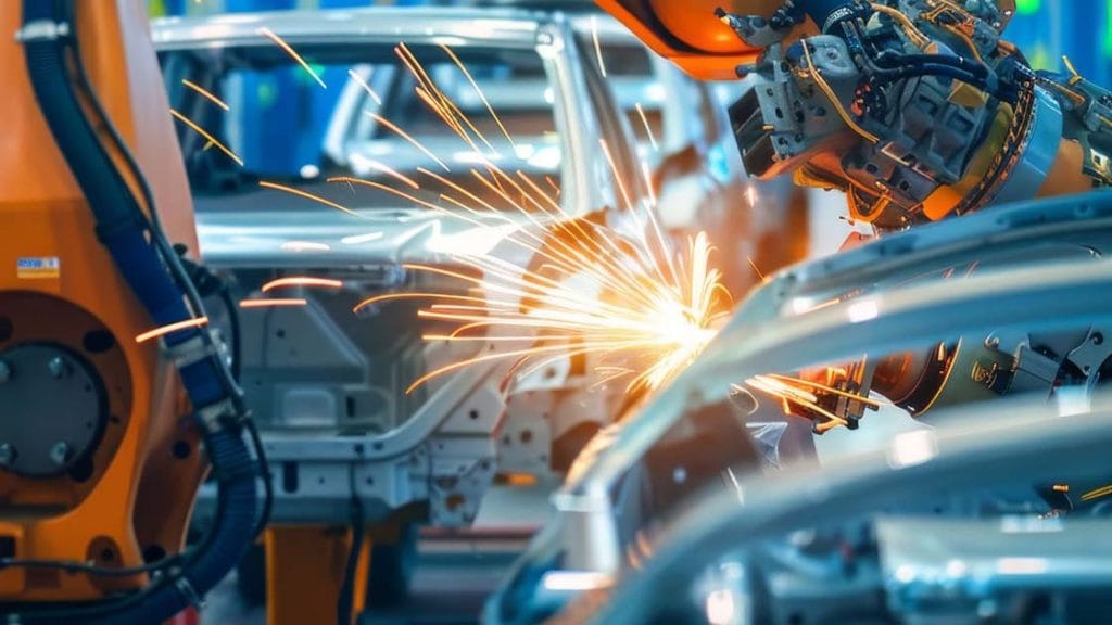 Automotive engineer using advanced technology on futuristic asse